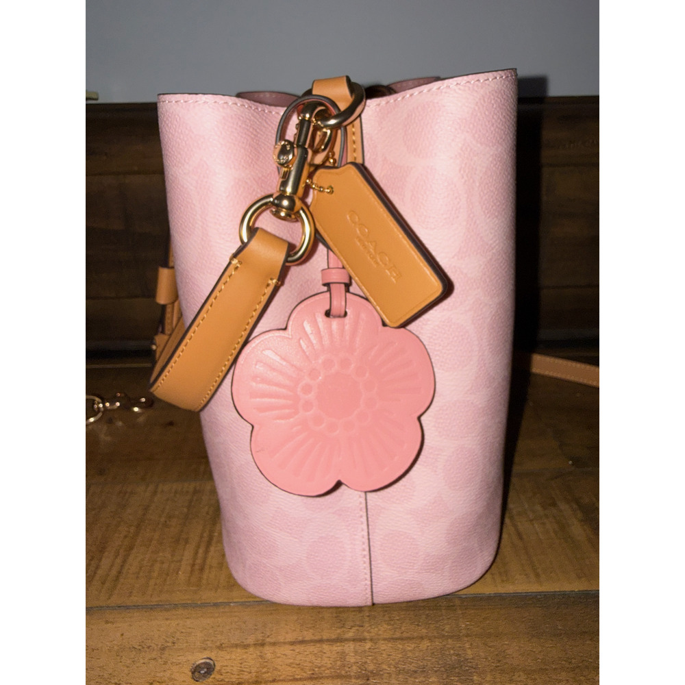 NWT Coach Bucket Bag Women's Medium Pink Signature Canvas Leather Crossbody - Picture 3 of 14